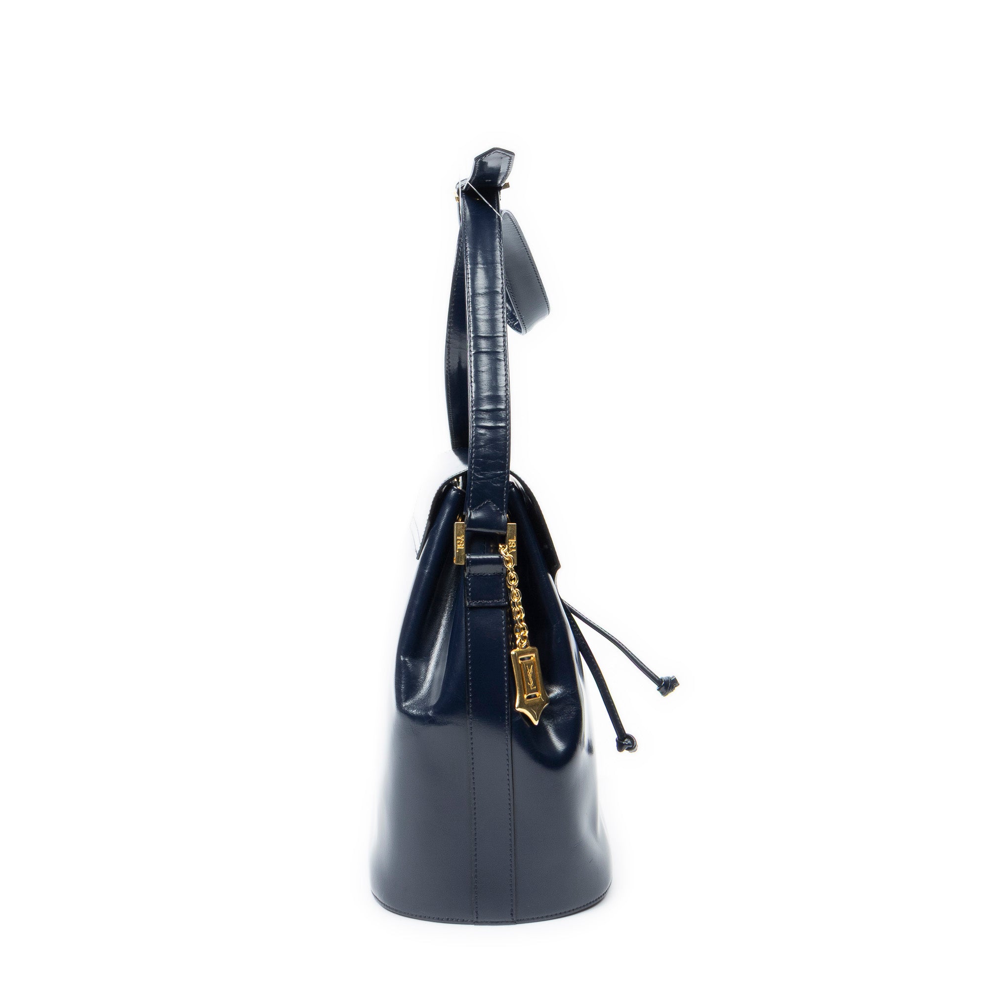Shoulder Bag Vintage Drawstring Crossbody Navy Smooth Calfskin Leather