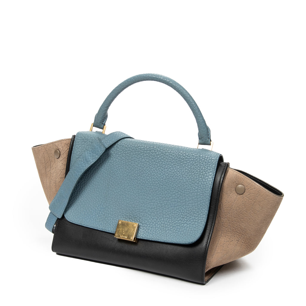 Shoulder Bag Small Trapeze Blue Pebbled Calfskin Leather