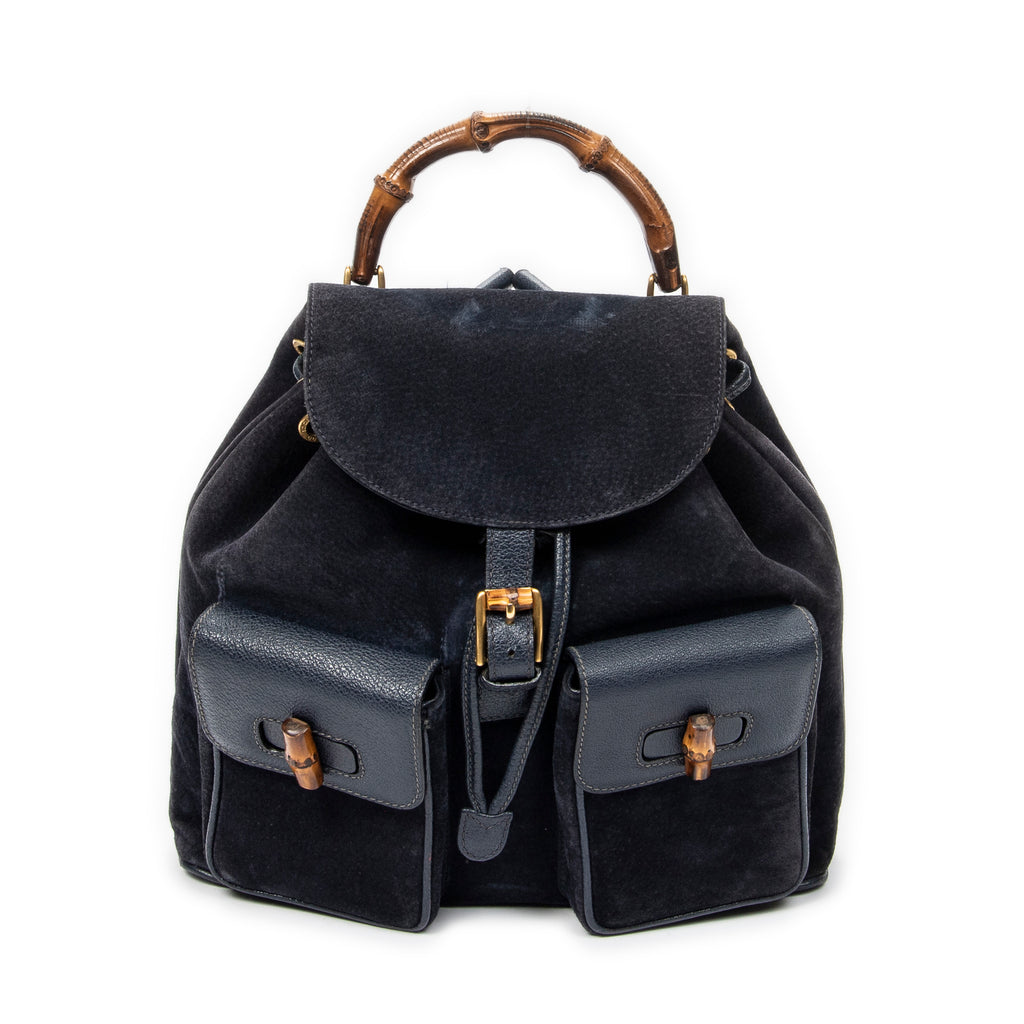 Shoulder Bag Large Bamboo Backpack Navy Suede Leather