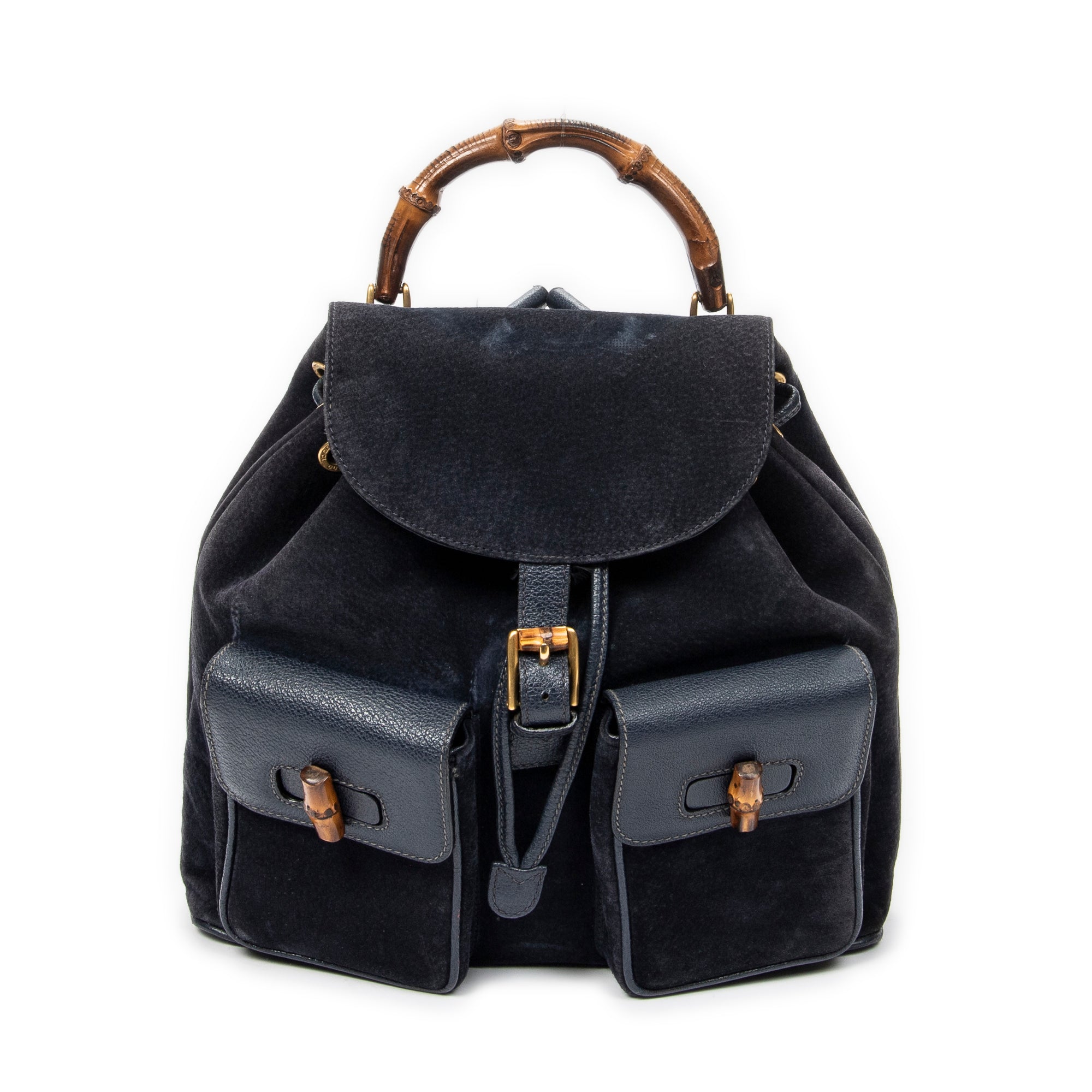 Shoulder Bag Large Bamboo Backpack Navy Suede Leather