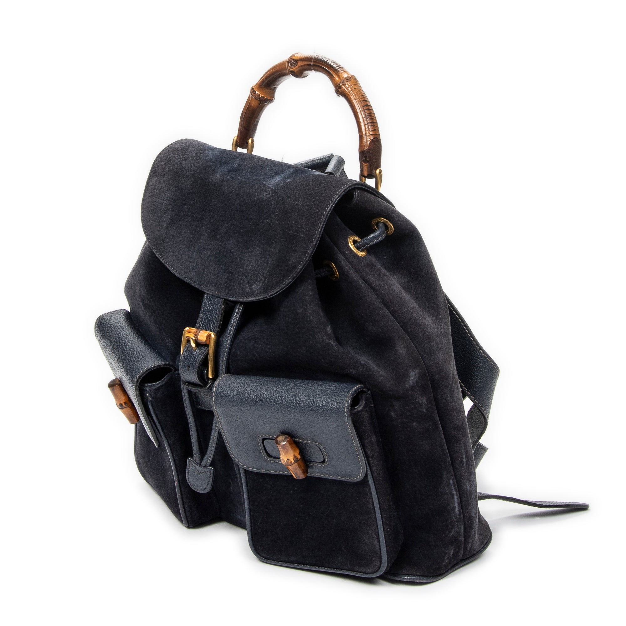 Shoulder Bag Large Bamboo Backpack Navy Suede Leather
