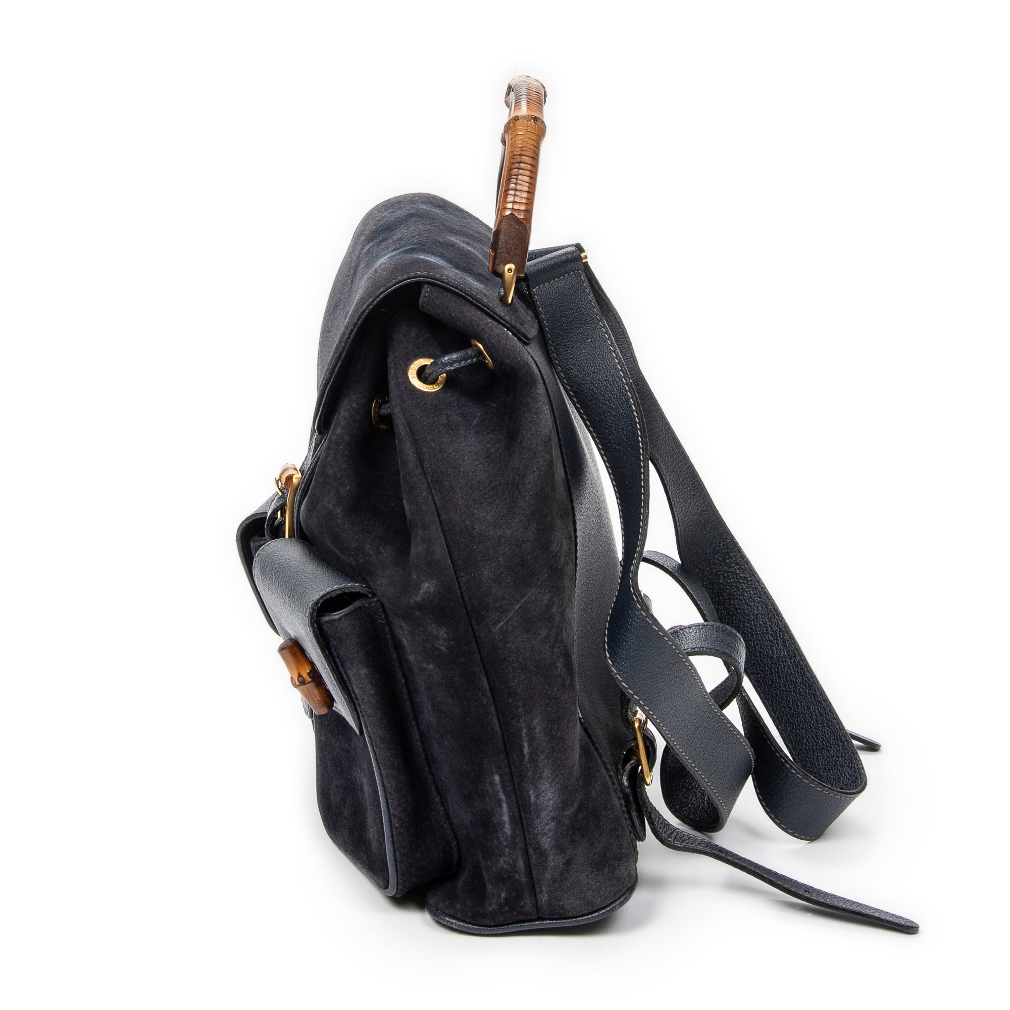 Shoulder Bag Large Bamboo Backpack Navy Suede Leather