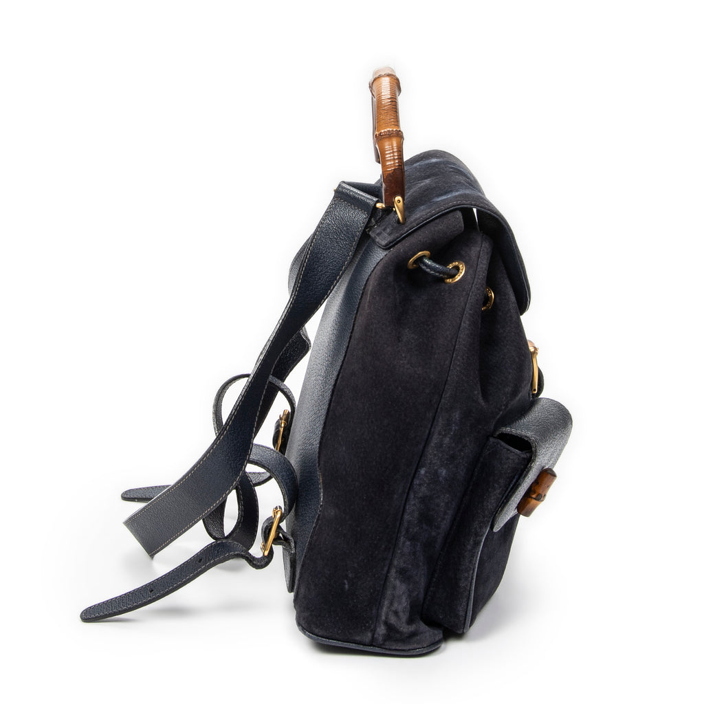 Shoulder Bag Large Bamboo Backpack Navy Suede Leather
