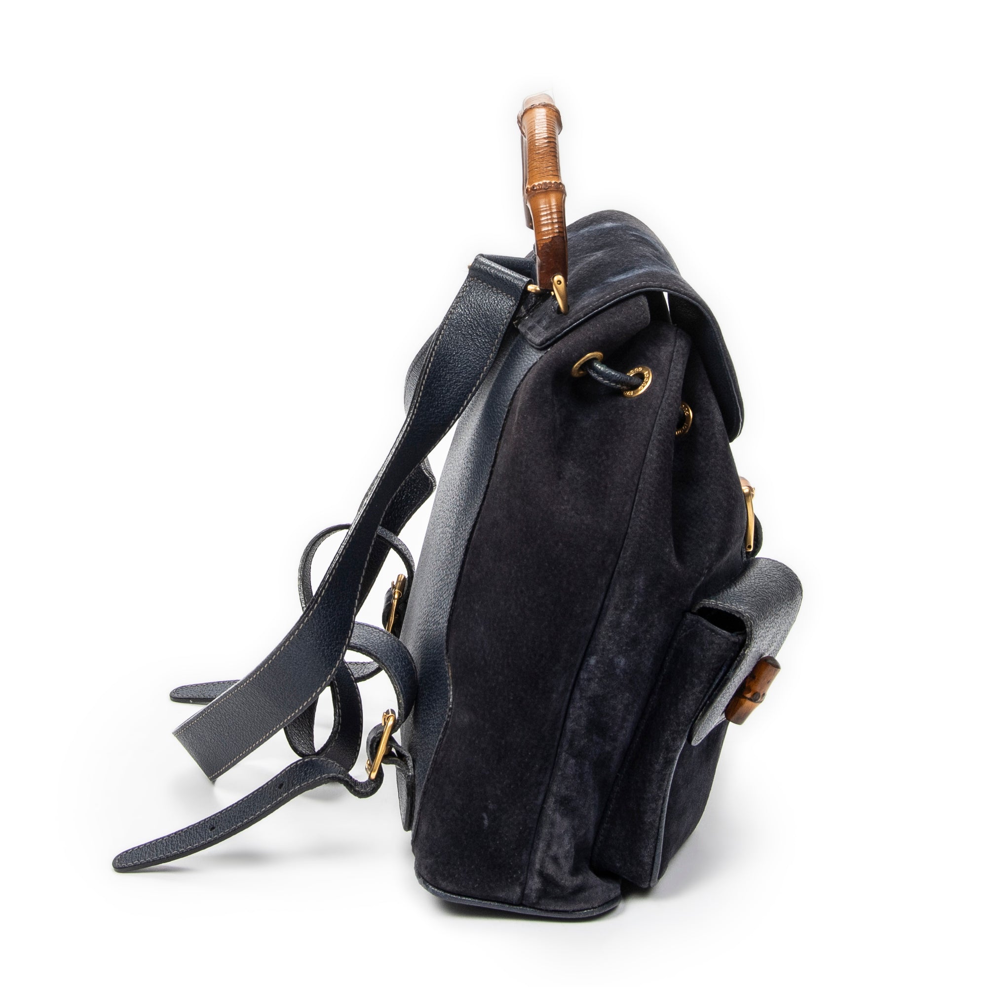 Shoulder Bag Large Bamboo Backpack Navy Suede Leather