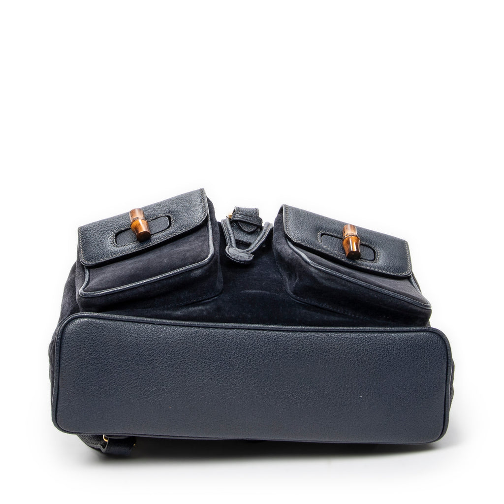 Shoulder Bag Large Bamboo Backpack Navy Suede Leather