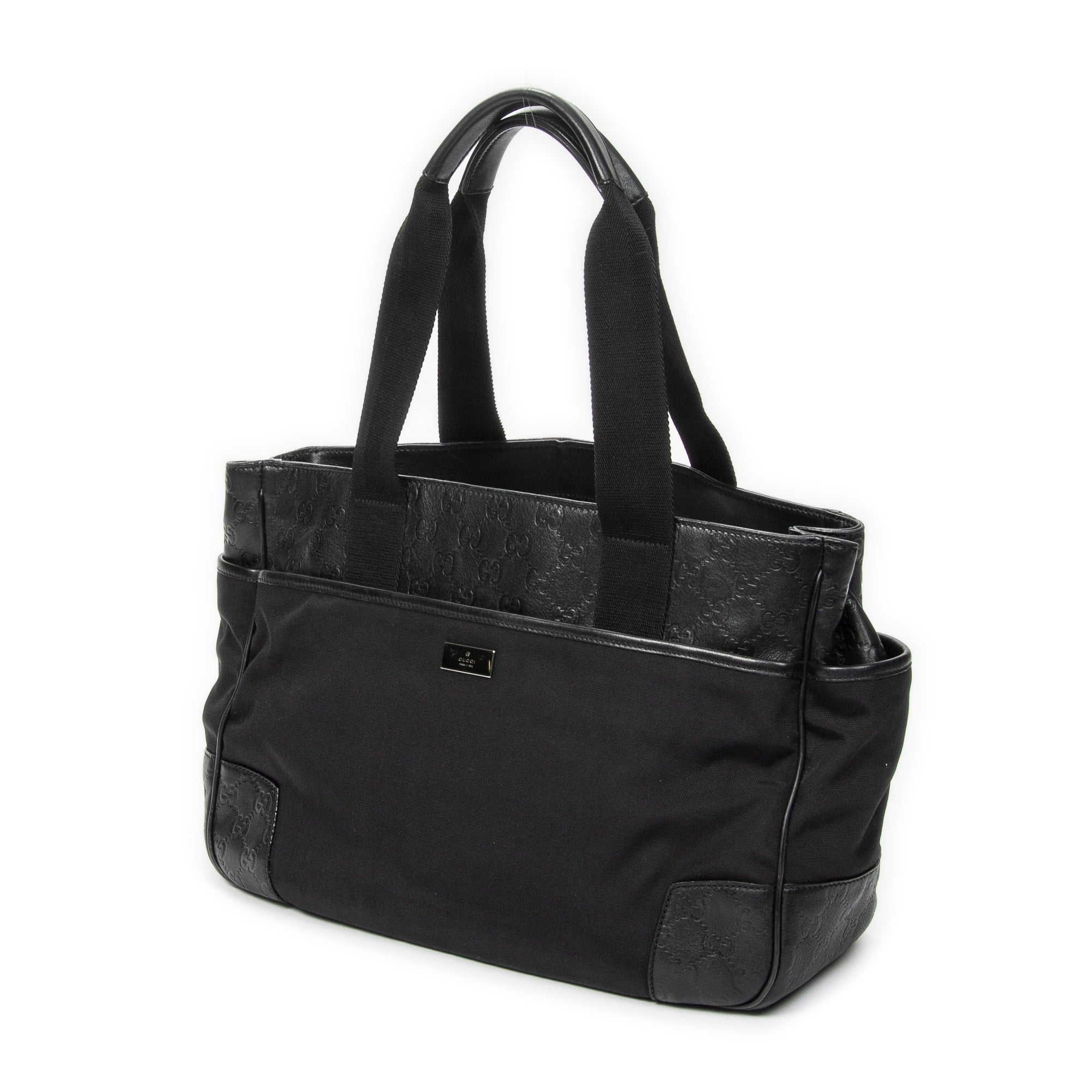 Shoulder Bag Side Pocket Rectangular Tote Black Nylon Canvas
