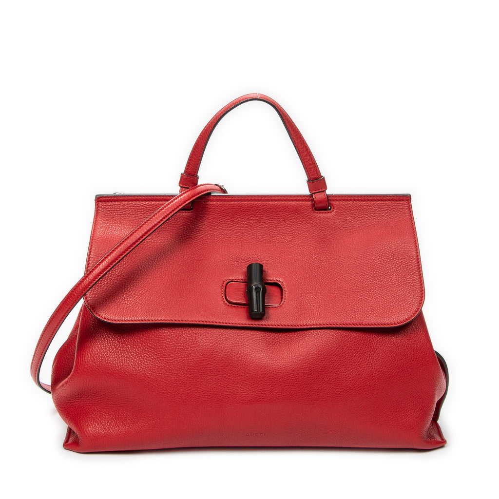 Shoulder Bag Large Bamboo Daily Top Handle Red Grained Calfskin Leather