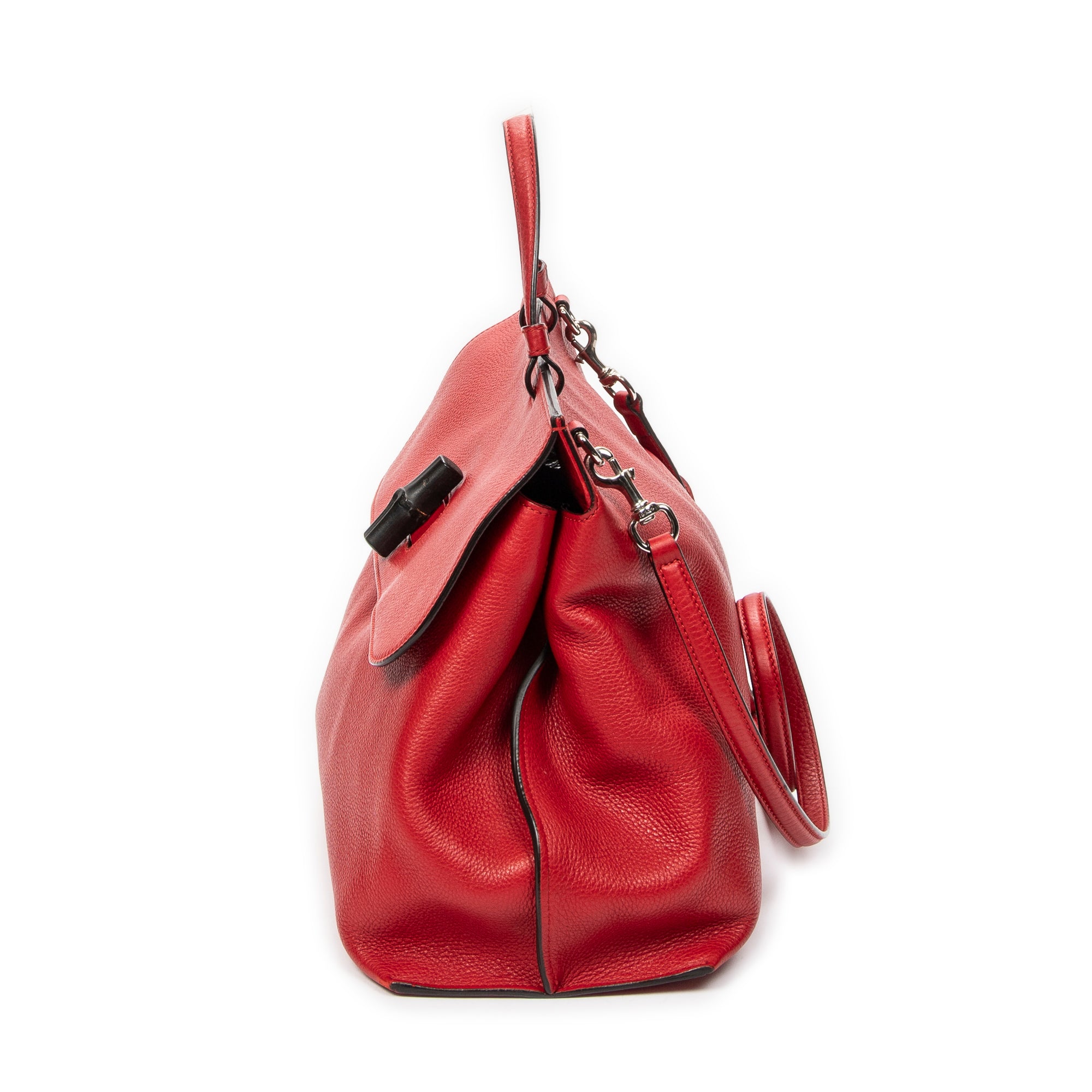 Shoulder Bag Large Bamboo Daily Top Handle Red Grained Calfskin Leather