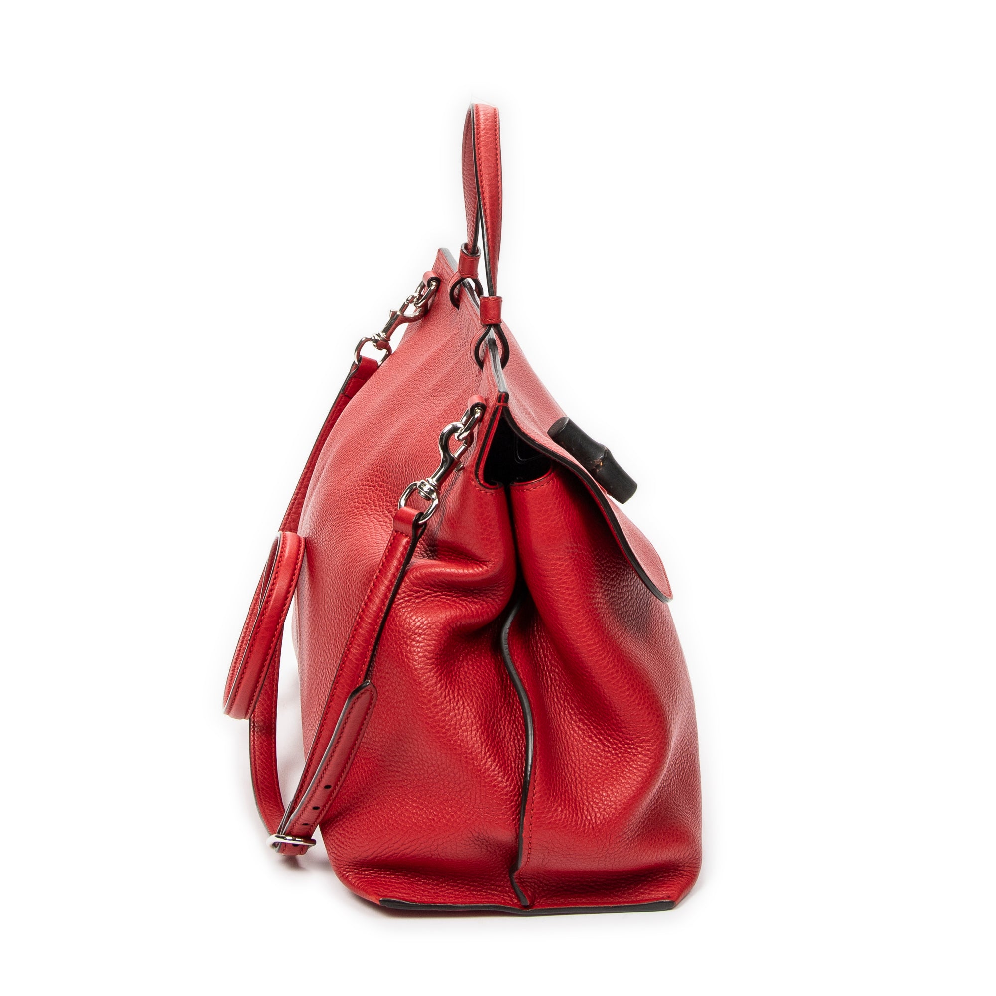 Shoulder Bag Large Bamboo Daily Top Handle Red Grained Calfskin Leather