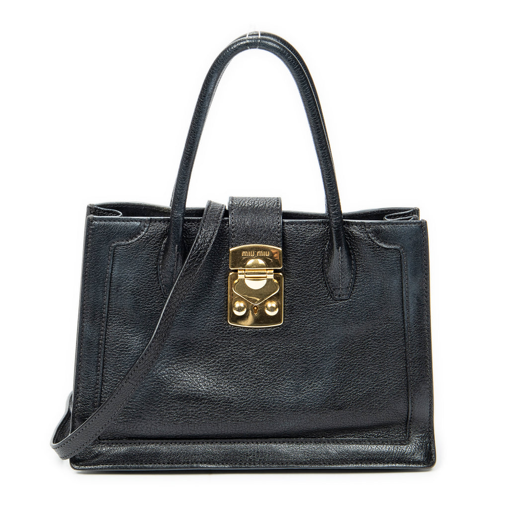 Shoulder Bag Pusk Lock Top Handle Black Madras Leather