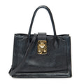 Shoulder Bag Pusk Lock Top Handle Black Madras Leather