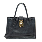 Shoulder Bag Pusk Lock Top Handle Black Madras Leather