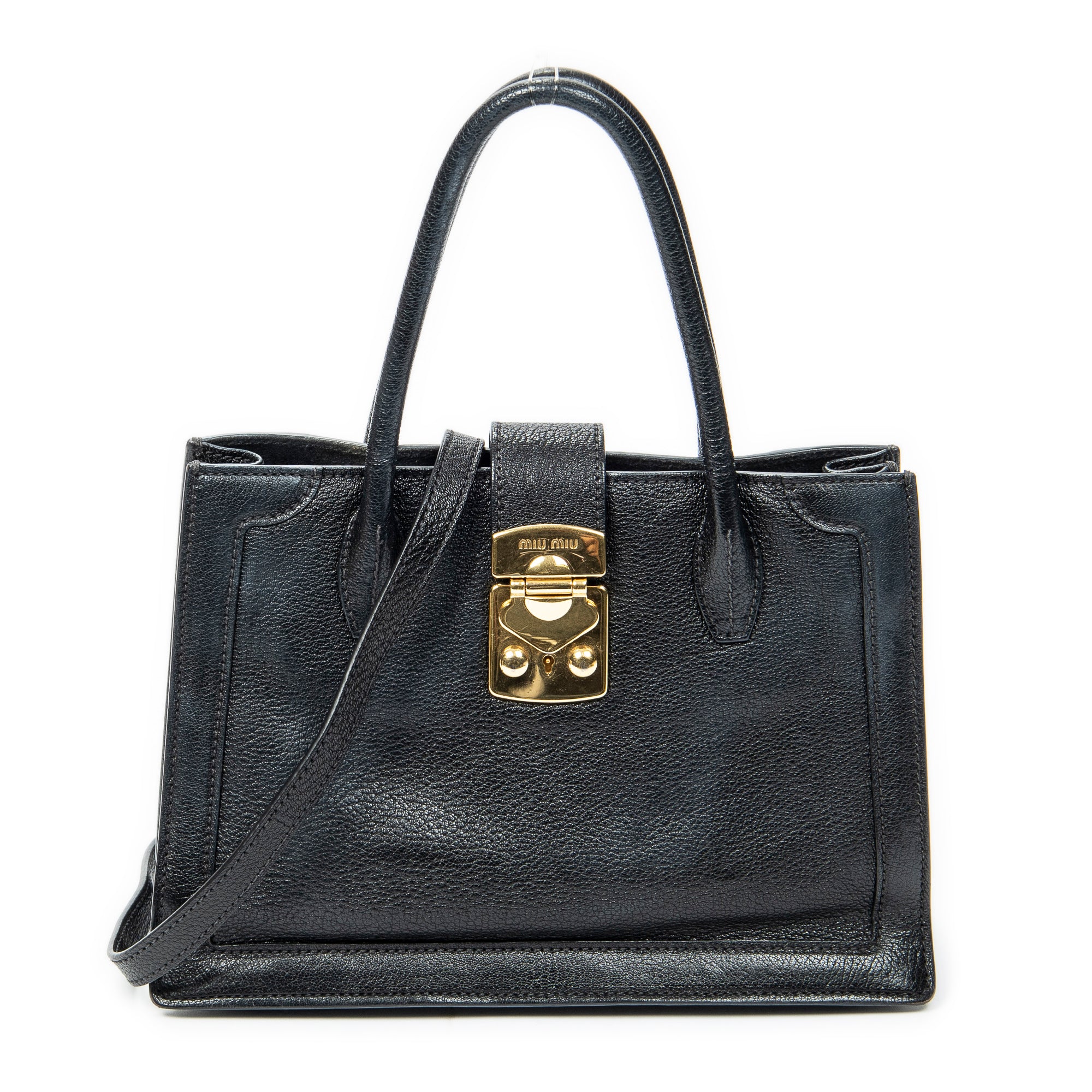 Shoulder Bag Pusk Lock Top Handle Black Madras Leather