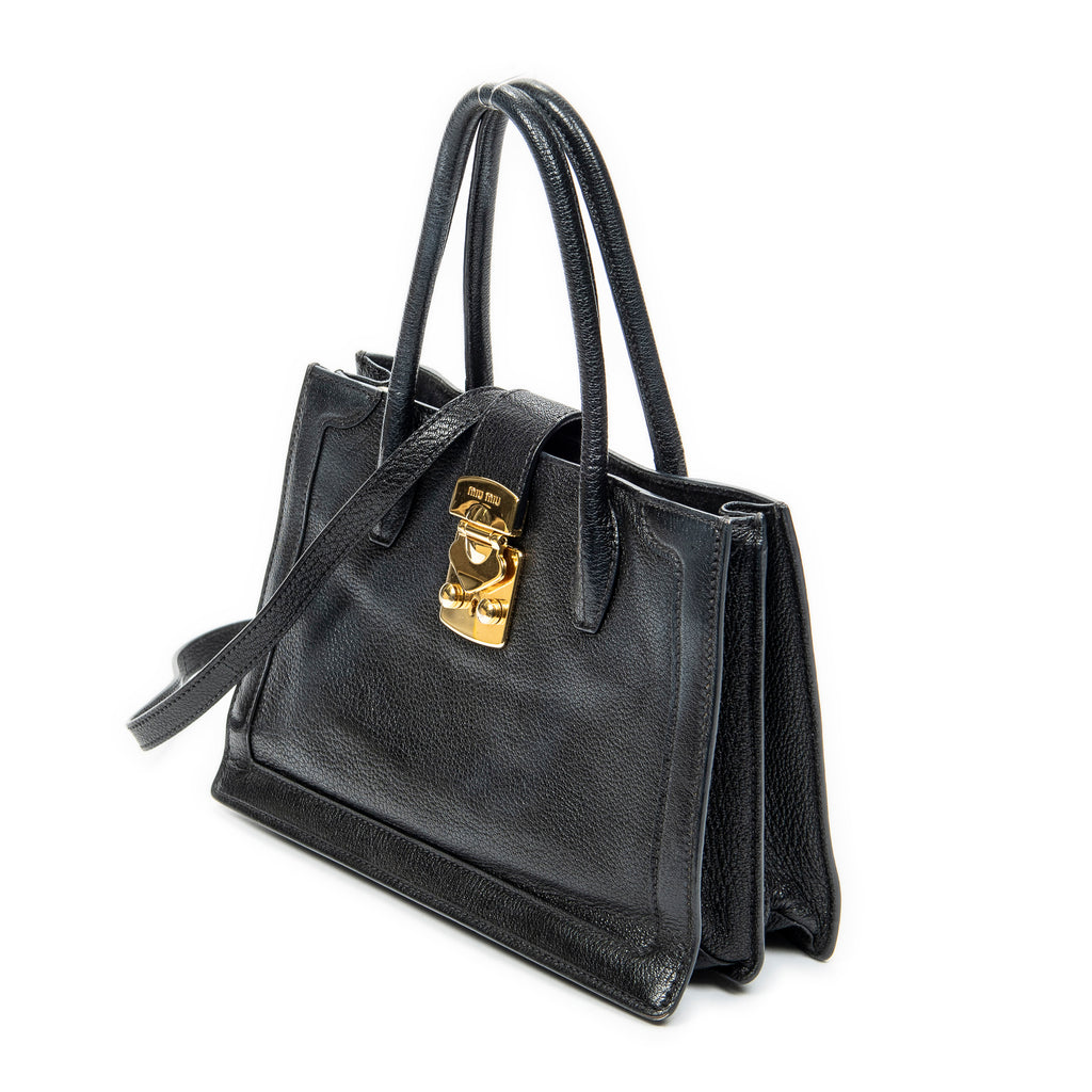 Shoulder Bag Pusk Lock Top Handle Black Madras Leather