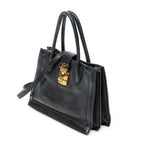 Shoulder Bag Pusk Lock Top Handle Black Madras Leather