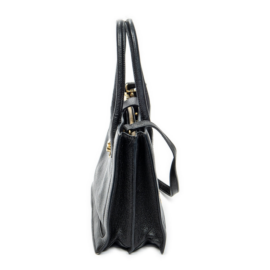 Shoulder Bag Pusk Lock Top Handle Black Madras Leather