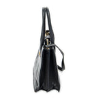 Shoulder Bag Pusk Lock Top Handle Black Madras Leather