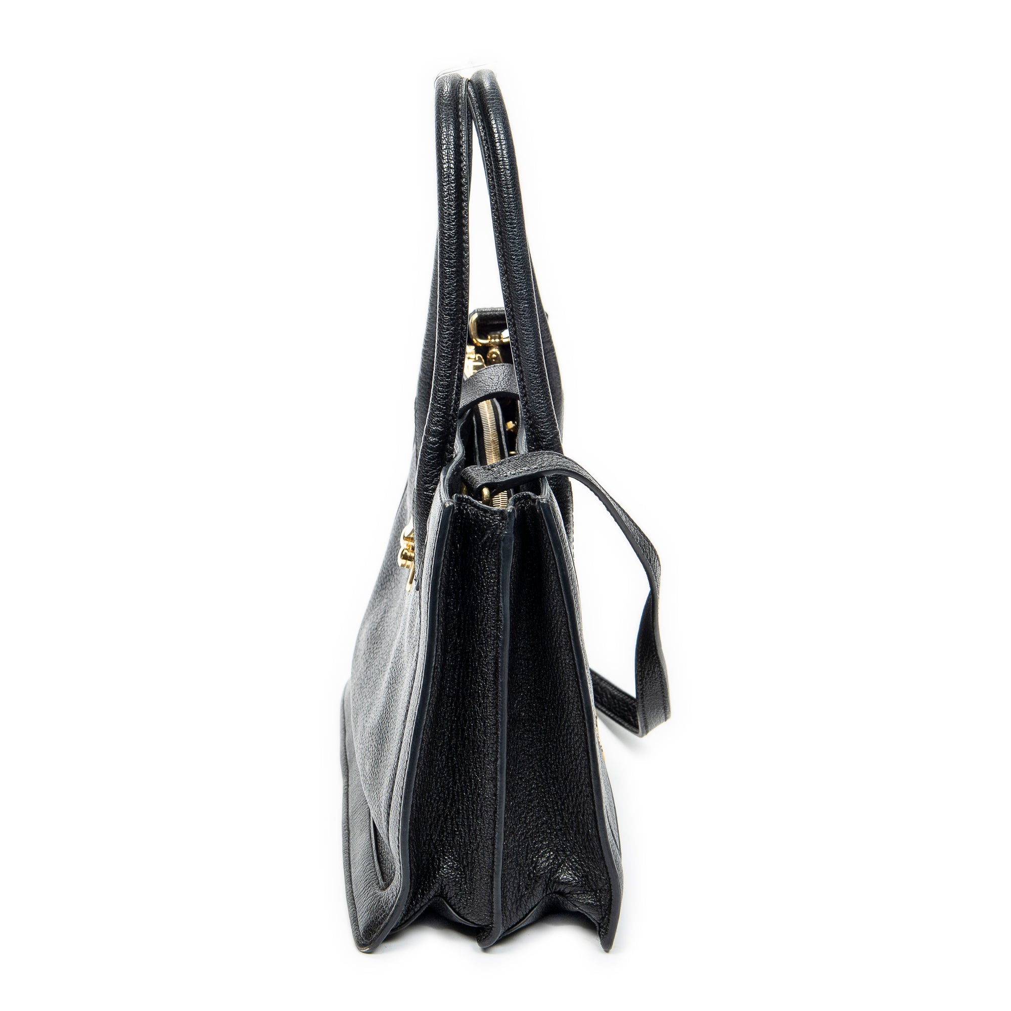 Shoulder Bag Pusk Lock Top Handle Black Madras Leather