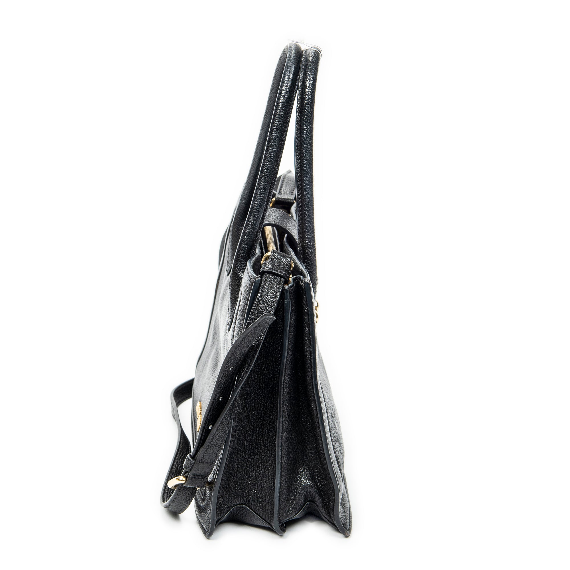 Shoulder Bag Pusk Lock Top Handle Black Madras Leather