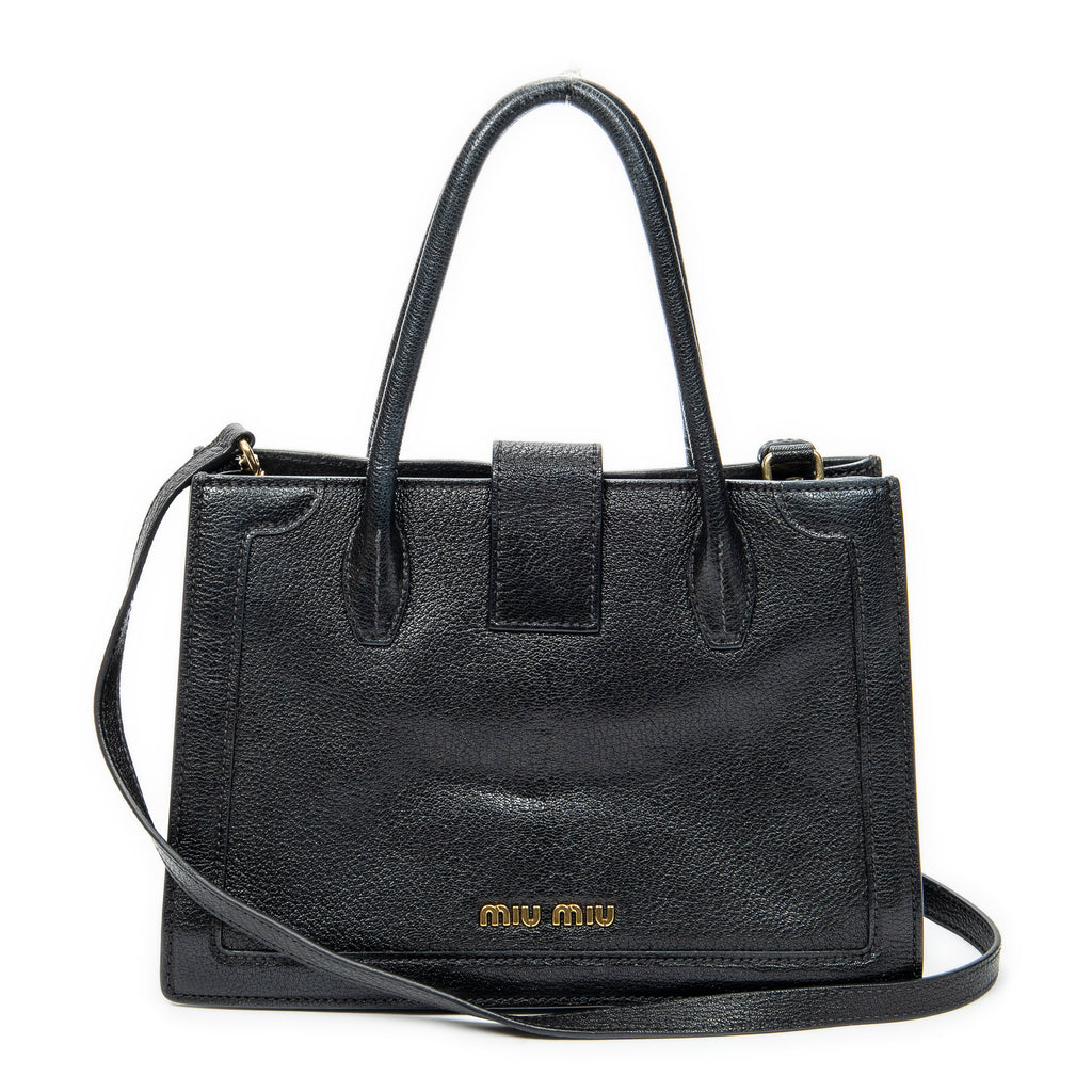 Shoulder Bag Pusk Lock Top Handle Black Madras Leather