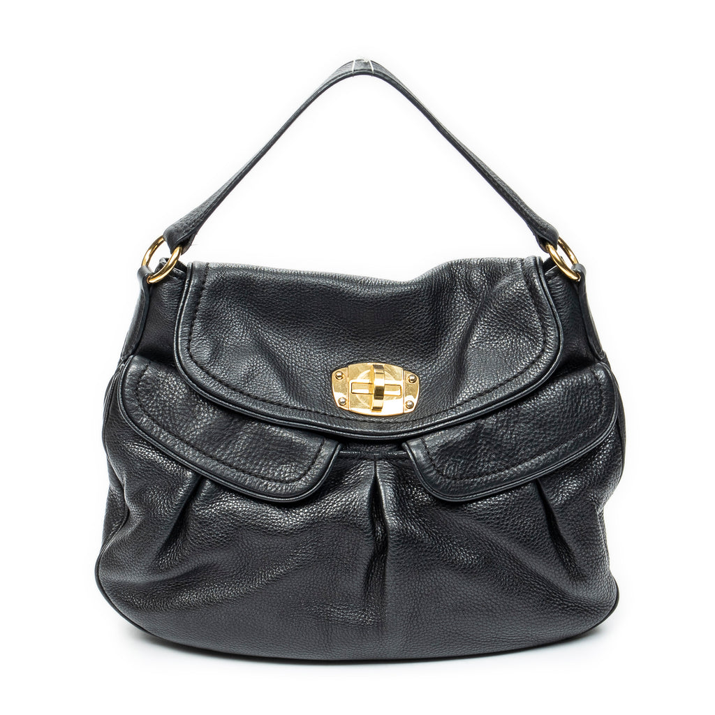 Shoulder Bag Double Pocket Hobo Black Calfskin Leather