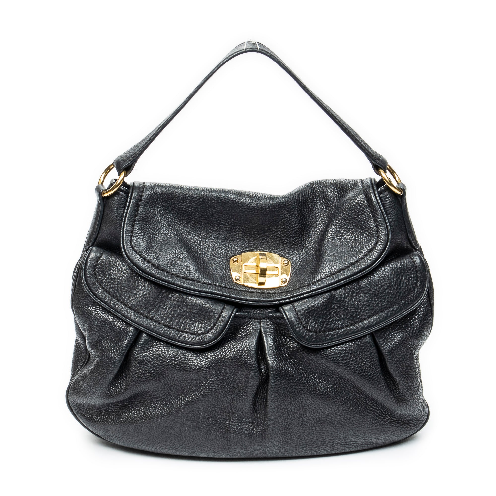 Shoulder Bag Double Pocket Hobo Black Calfskin Leather