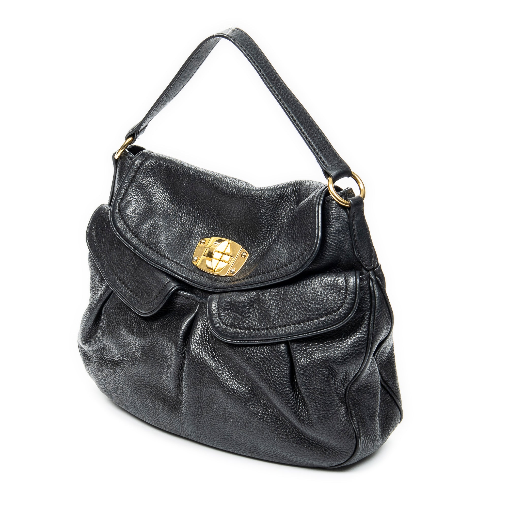 Shoulder Bag Double Pocket Hobo Black Calfskin Leather