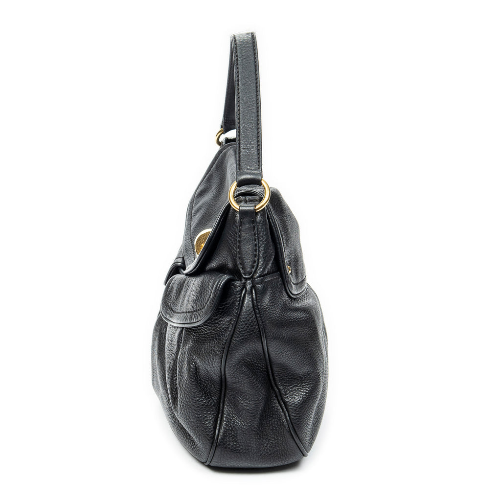 Shoulder Bag Double Pocket Hobo Black Calfskin Leather