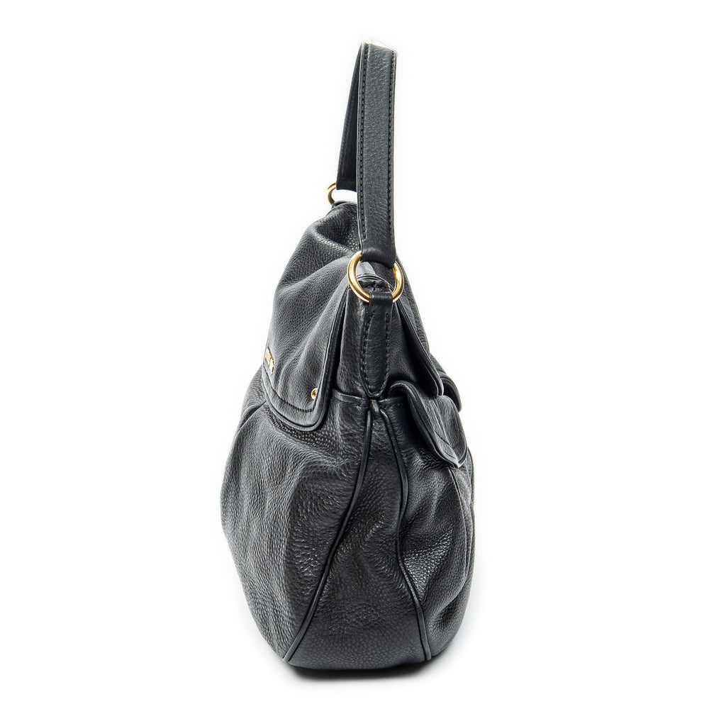 Shoulder Bag Double Pocket Hobo Black Calfskin Leather