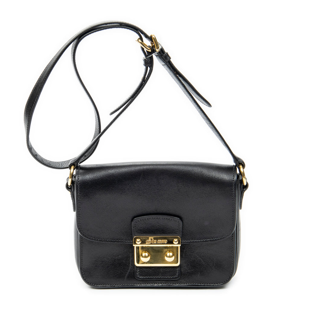 Shoulder Bag Push Lock Flap Crossbody Black Vitello Leather