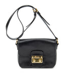 Shoulder Bag Push Lock Flap Crossbody Black Vitello Leather
