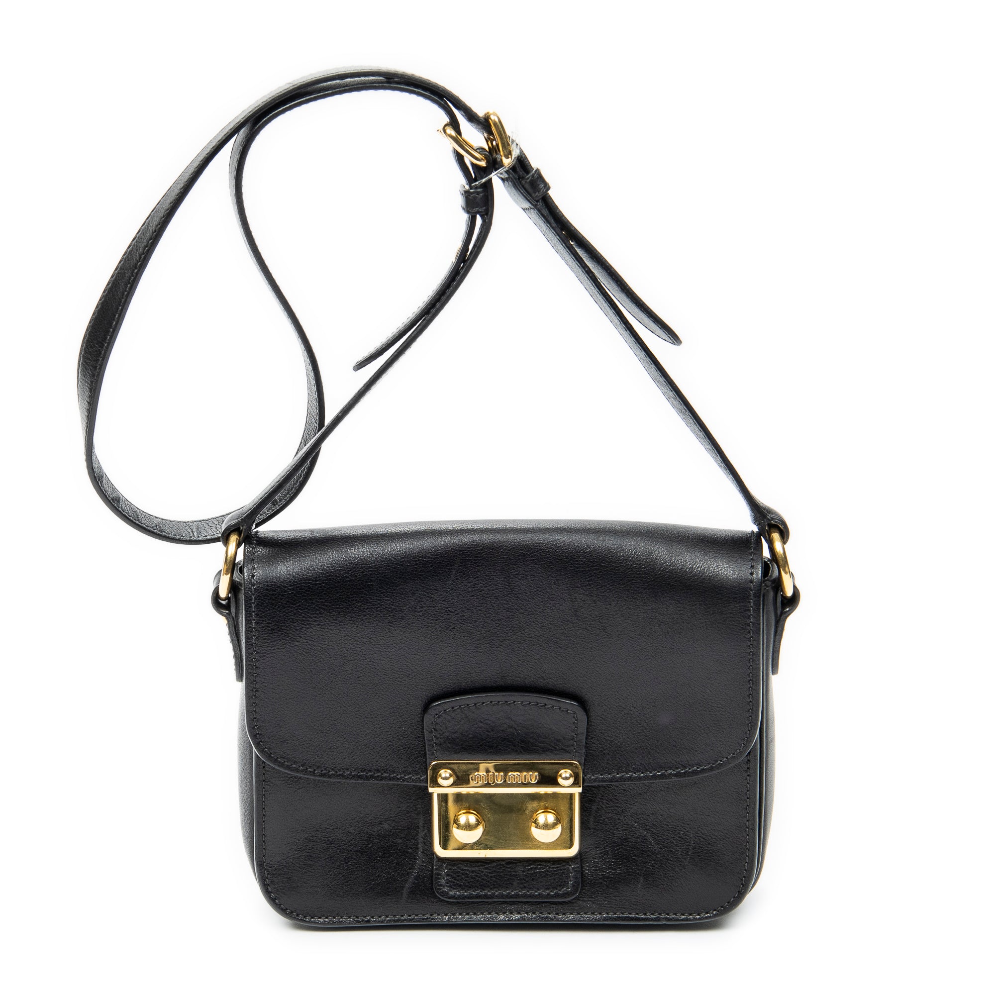 Shoulder Bag Push Lock Flap Crossbody Black Vitello Leather