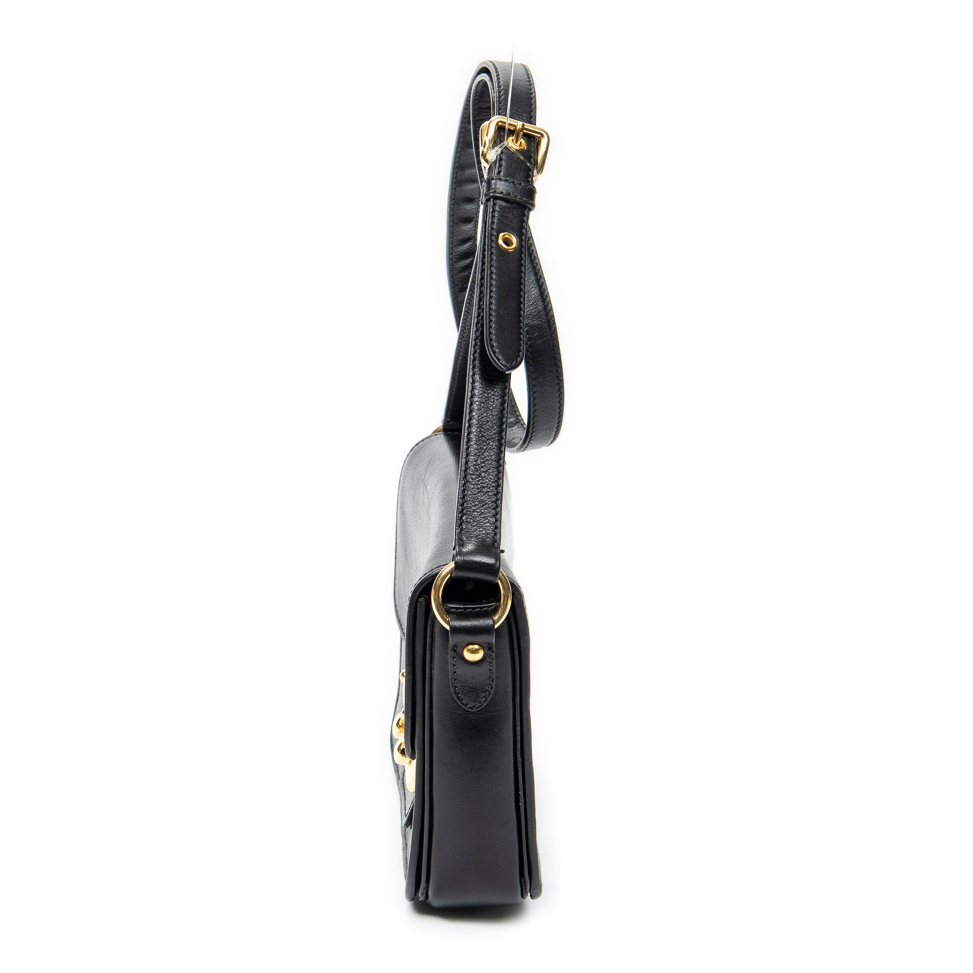 Shoulder Bag Push Lock Flap Crossbody Black Vitello Leather