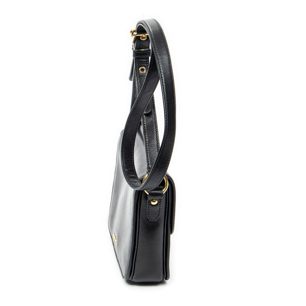 Shoulder Bag Push Lock Flap Crossbody Black Vitello Leather