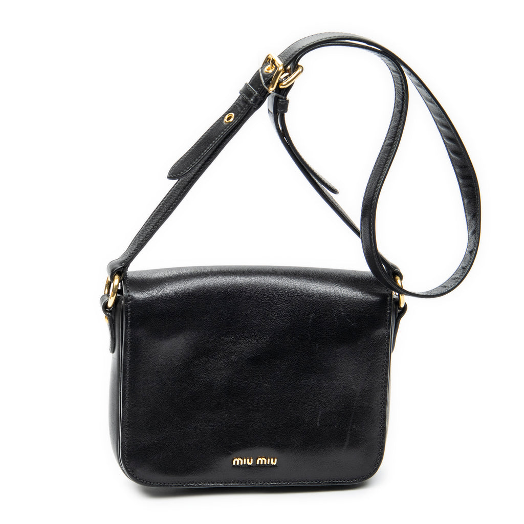 Shoulder Bag Push Lock Flap Crossbody Black Vitello Leather