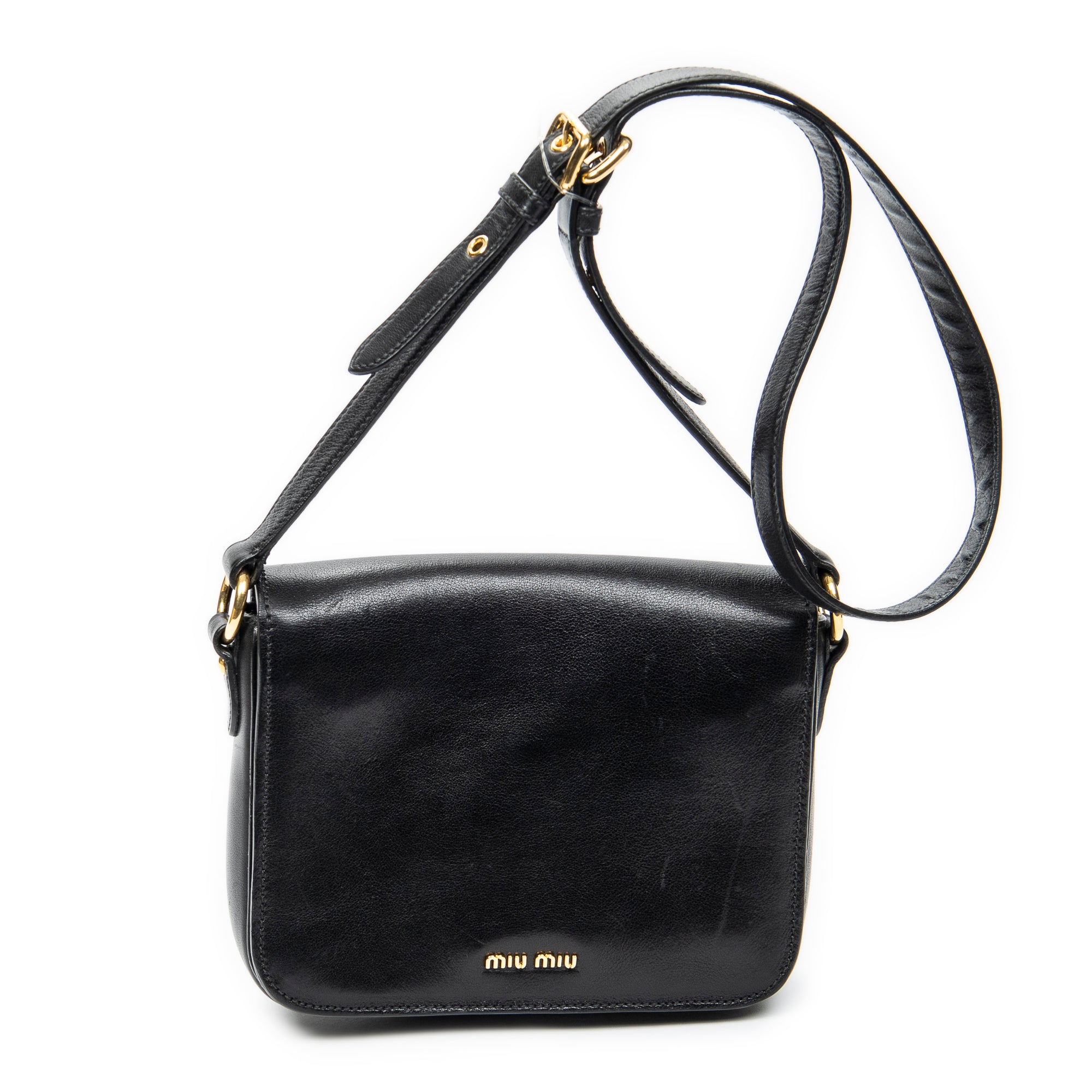 Shoulder Bag Push Lock Flap Crossbody Black Vitello Leather