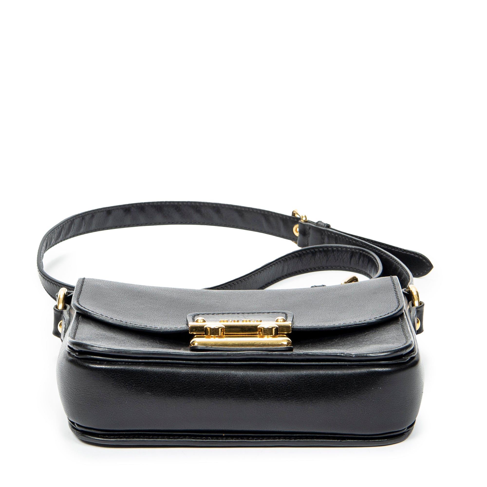 Shoulder Bag Push Lock Flap Crossbody Black Vitello Leather