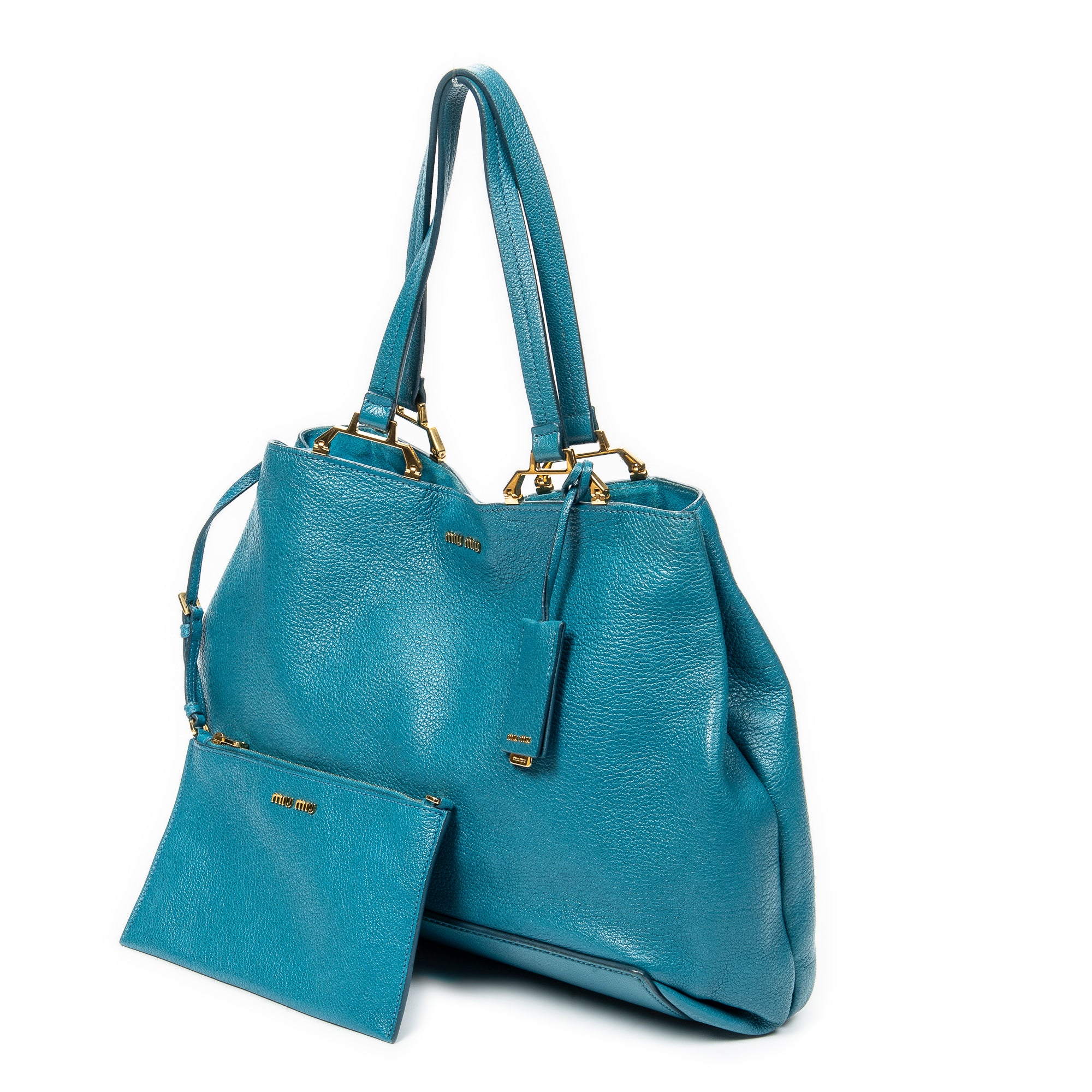 Shoulder Bag Medium Open Tote Turquoise Vitello Caribu Leather