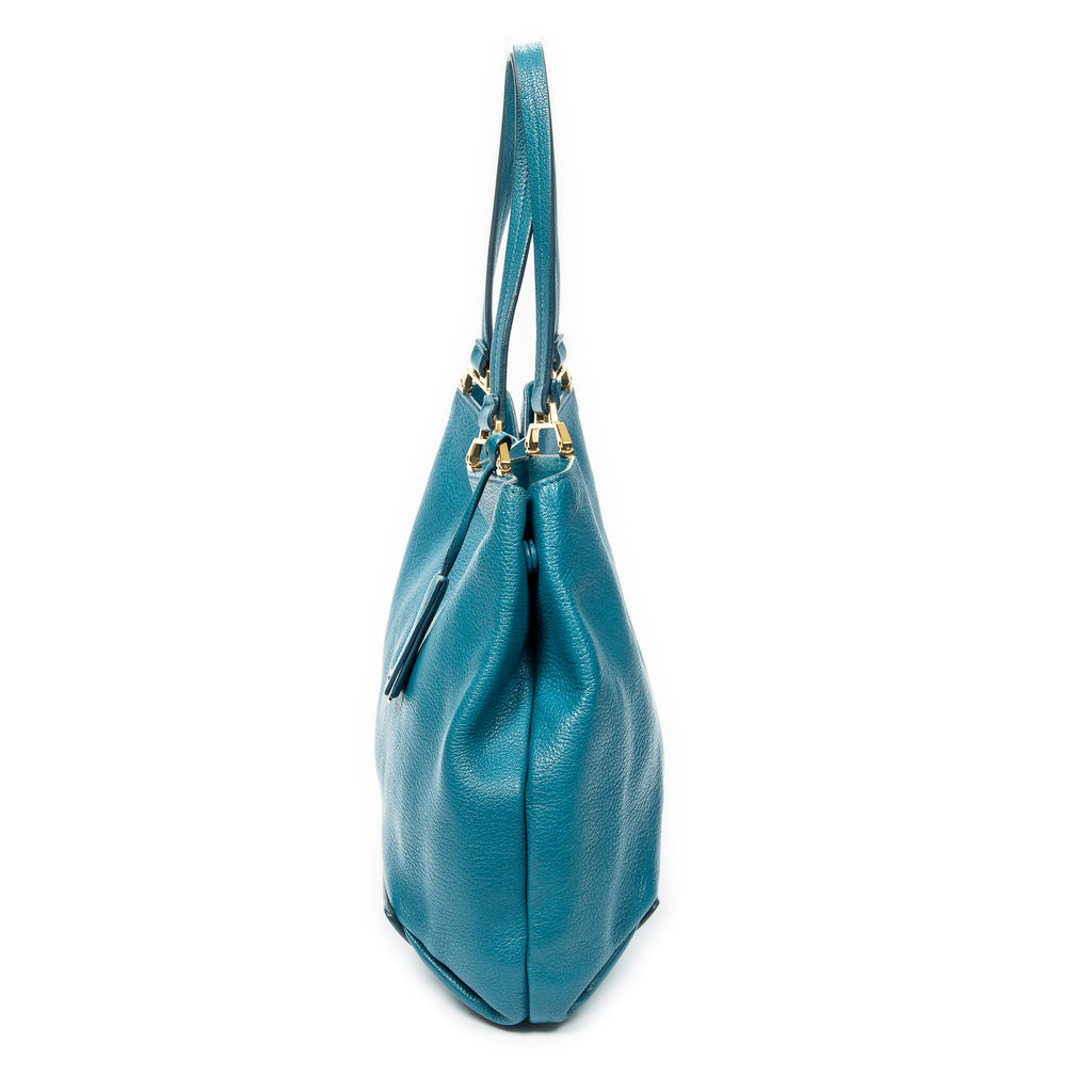 Shoulder Bag Medium Open Tote Turquoise Vitello Caribu Leather