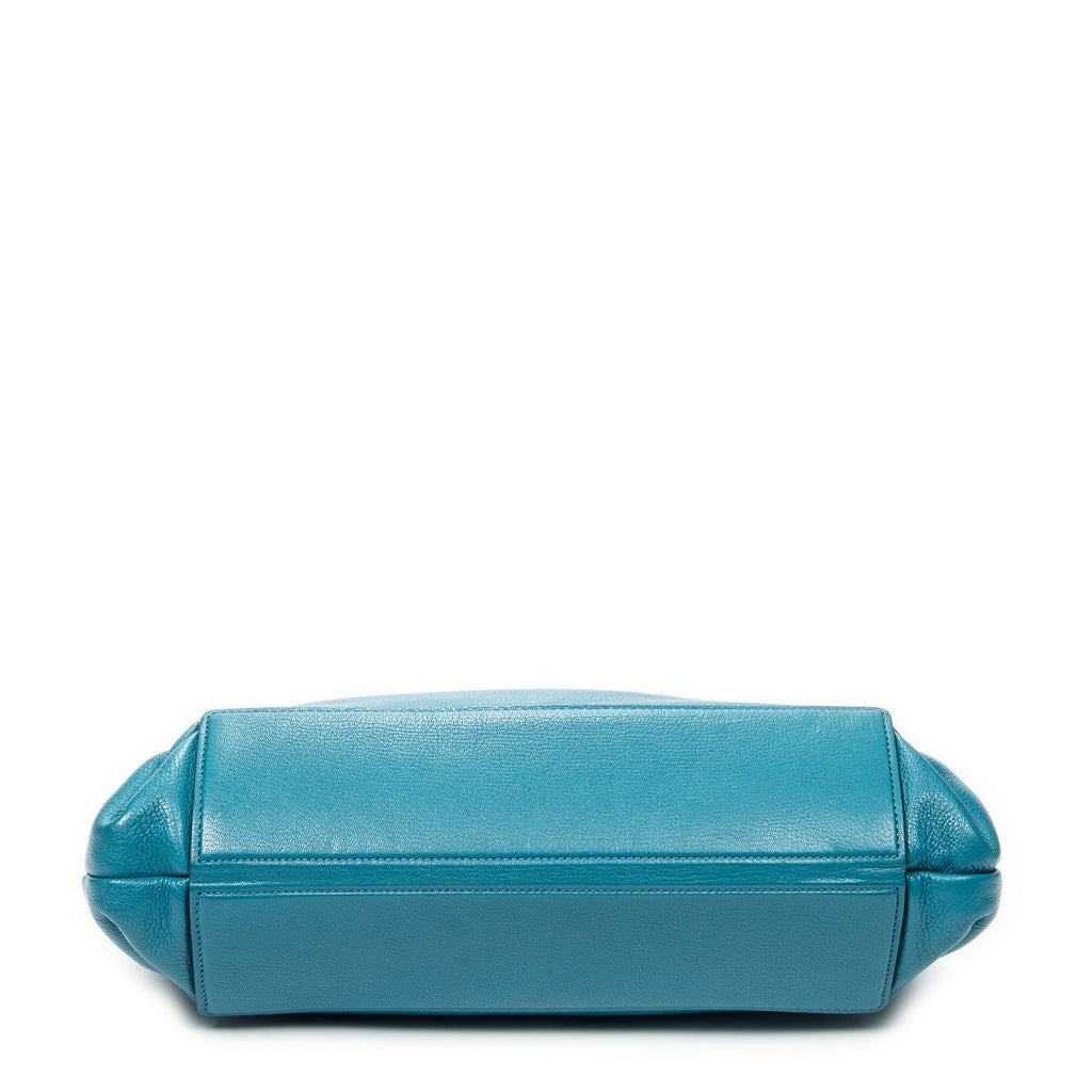 Shoulder Bag Medium Open Tote Turquoise Vitello Caribu Leather