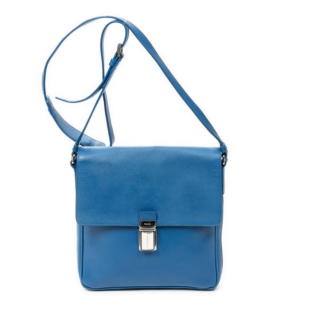 Shoulder Bag Push Lock Flap Messenger Blue Saffiano Leather