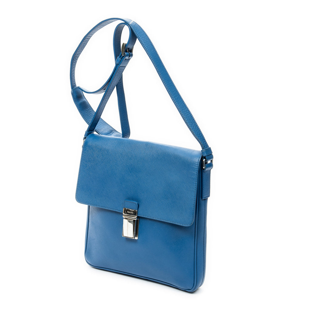 Shoulder Bag Push Lock Flap Messenger Blue Saffiano Leather