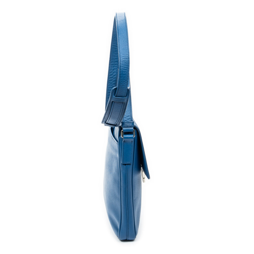 Shoulder Bag Push Lock Flap Messenger Blue Saffiano Leather