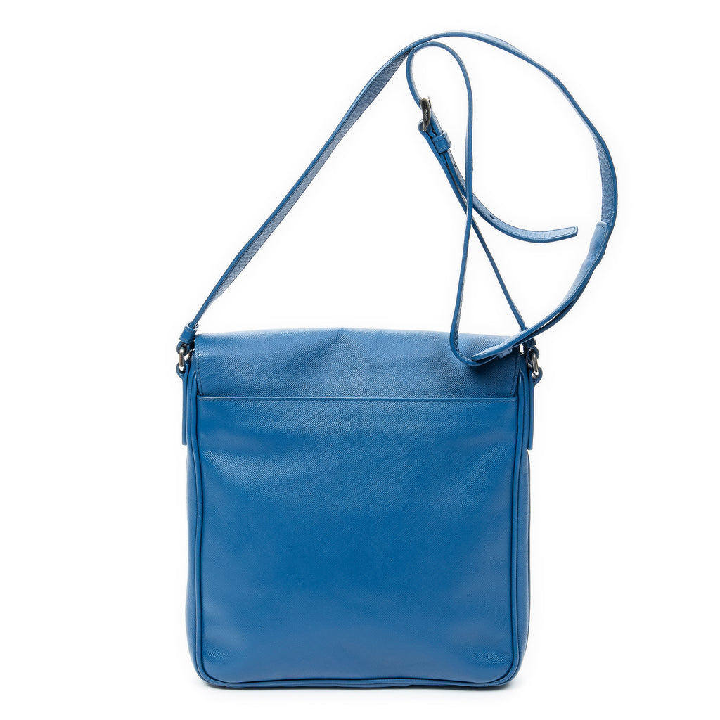 Shoulder Bag Push Lock Flap Messenger Blue Saffiano Leather