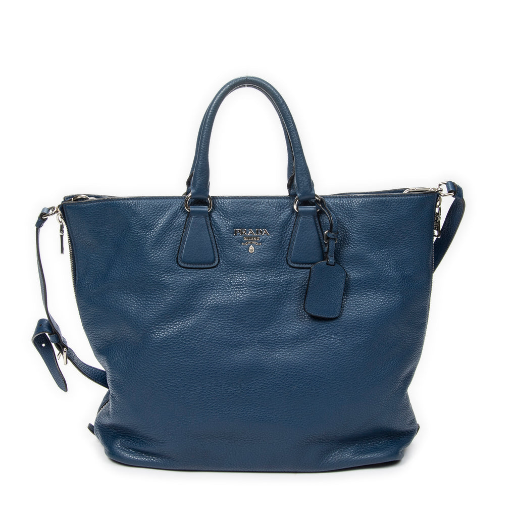Shoulder Bag Large Side Zip Shopping Tote Blue Vitello Daino Leather