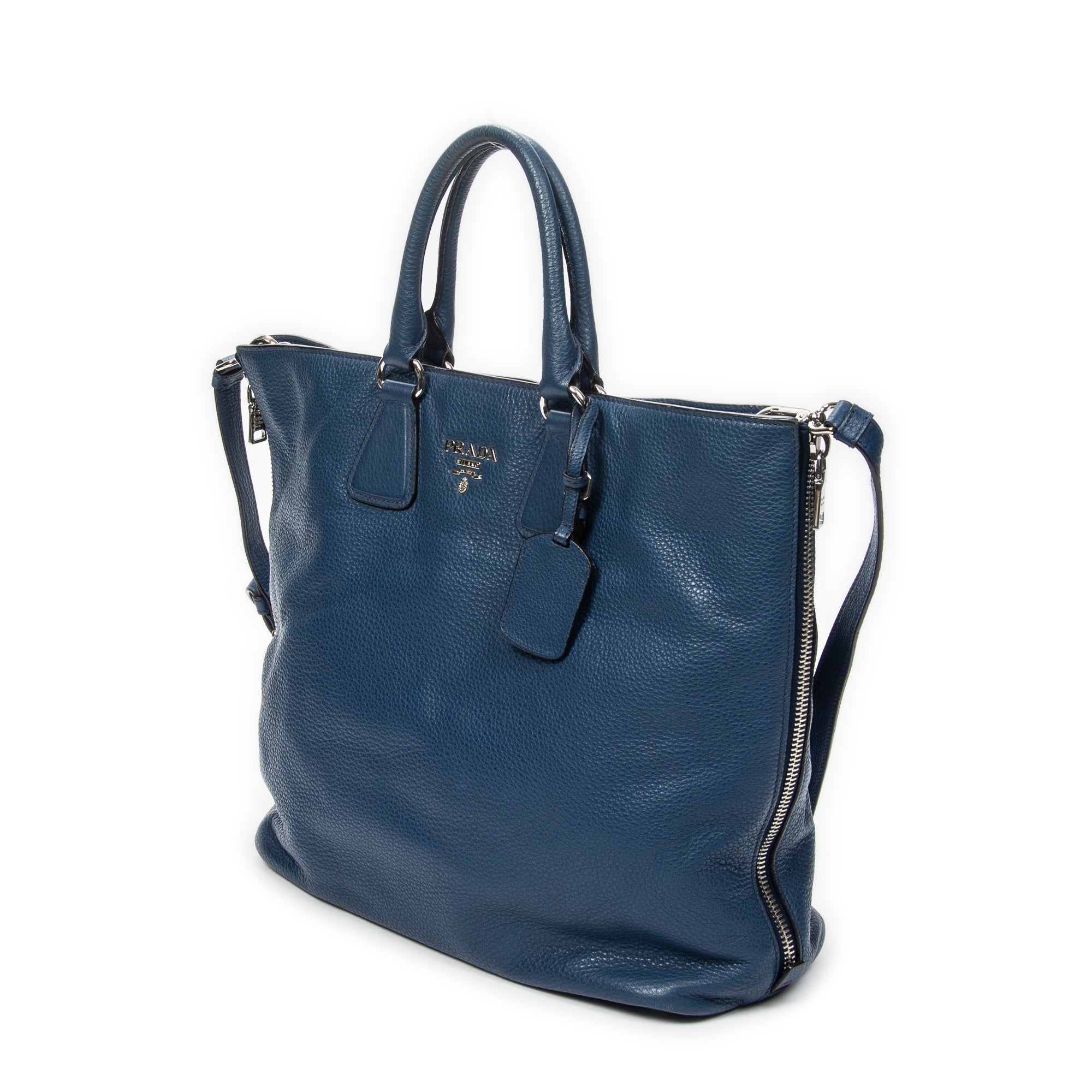 Shoulder Bag Large Side Zip Shopping Tote Blue Vitello Daino Leather