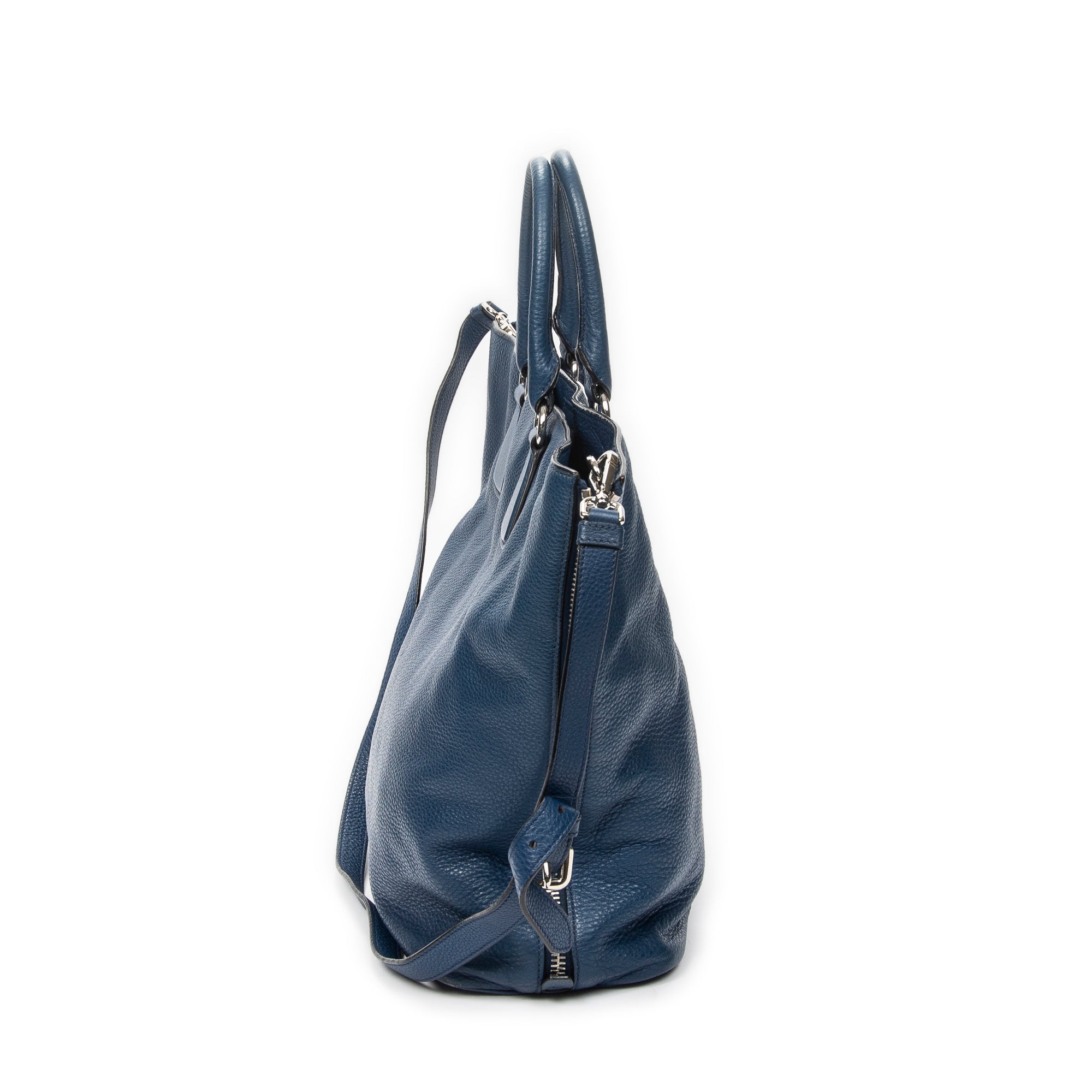 Shoulder Bag Large Side Zip Shopping Tote Blue Vitello Daino Leather
