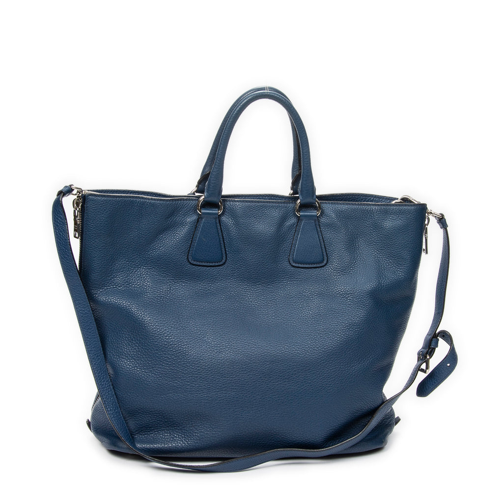 Shoulder Bag Large Side Zip Shopping Tote Blue Vitello Daino Leather