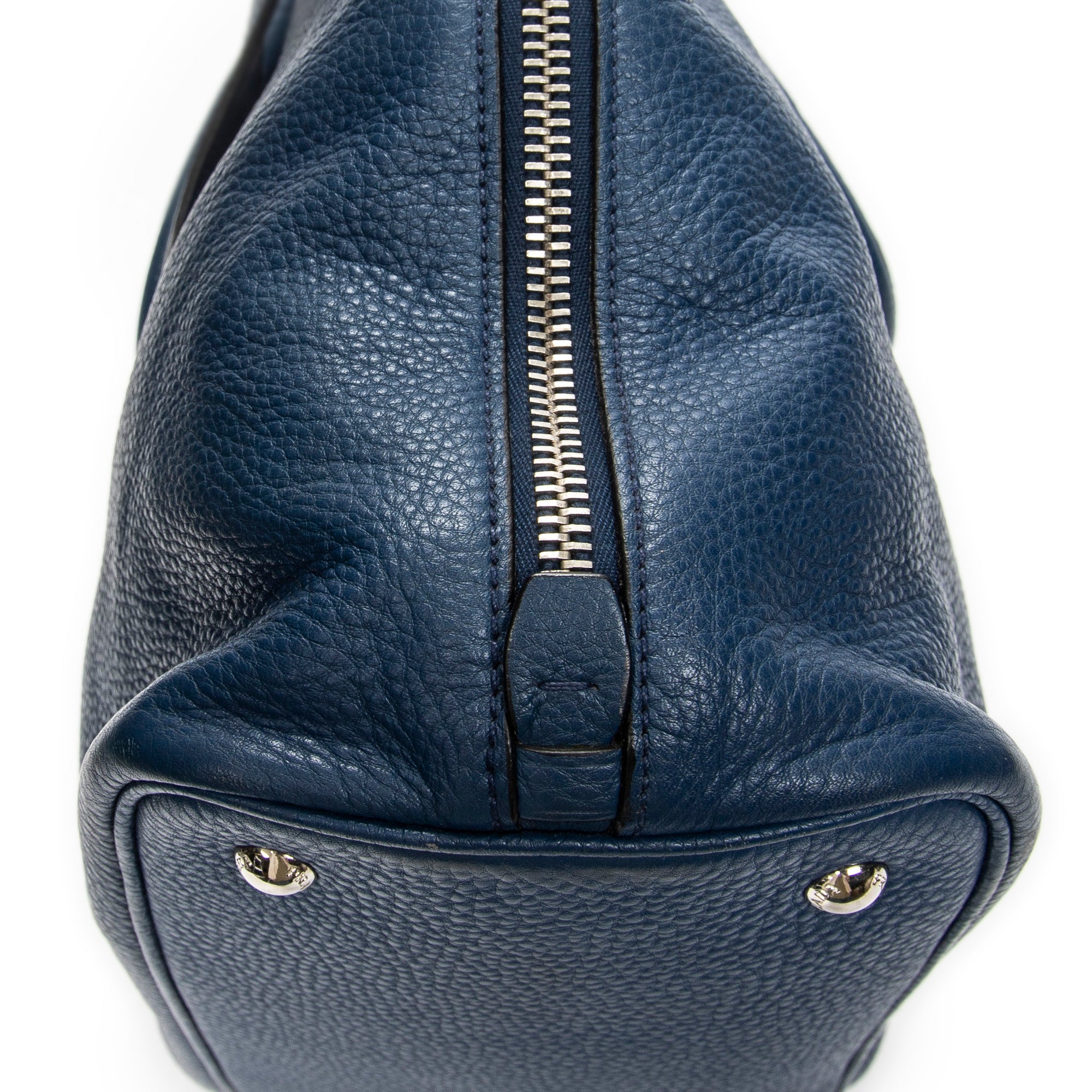 Shoulder Bag Large Side Zip Shopping Tote Blue Vitello Daino Leather