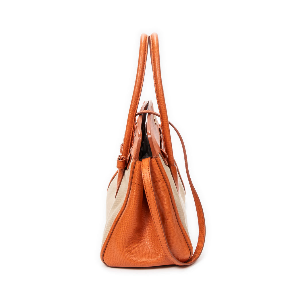 Shoulder Bag Medium Top Handle Tote Orange Woven Canvas